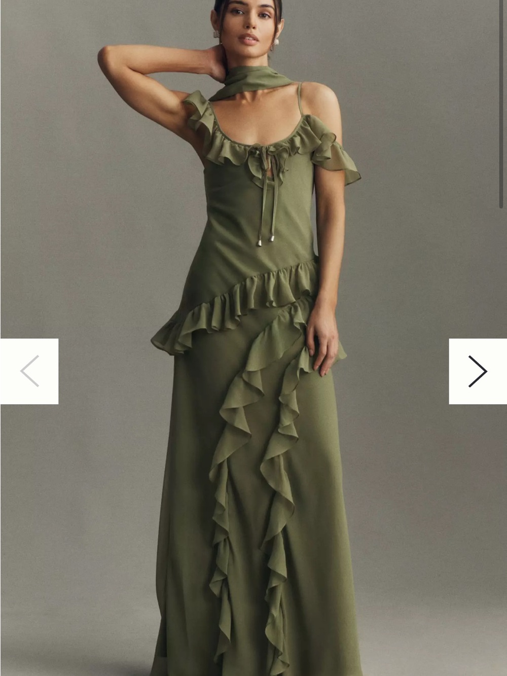 BHLDN Olive Green Ruffle-Trim Maxi Dress